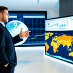 A professional individual, fully clothed in a modest business suit, stands in a sophisticated, modern financial office. They are looking forward, with one hand gesturing towards a large, illuminated holographic globe displaying global stock market trends and interconnected world economies. The background features a sleek, clean office environment with subtle, futuristic elements. The scene emphasizes innovation, global reach, and strategic vision. Perfect anatomy, correct proportions, natural pose, well-formed hands, proper finger count, natural body proportions. Professional photography, high quality, safe for work, appropriate content, fully clothed, professional.