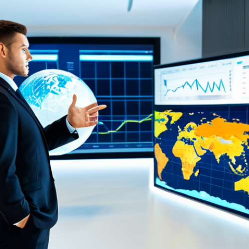 Home 6 A professional individual, fully clothed in a modest business suit, stands in a sophisticated, modern financial office. They are looking forward, with one hand gesturing towards a large, illuminated holographic globe displaying global stock market trends and interconnected world economies. The background features a sleek, clean office environment with subtle, futuristic elements. The scene emphasizes innovation, global reach, and strategic vision. Perfect anatomy, correct proportions, natural pose, well-formed hands, proper finger count, natural body proportions. Professional photography, high quality, safe for work, appropriate content, fully clothed, professional.