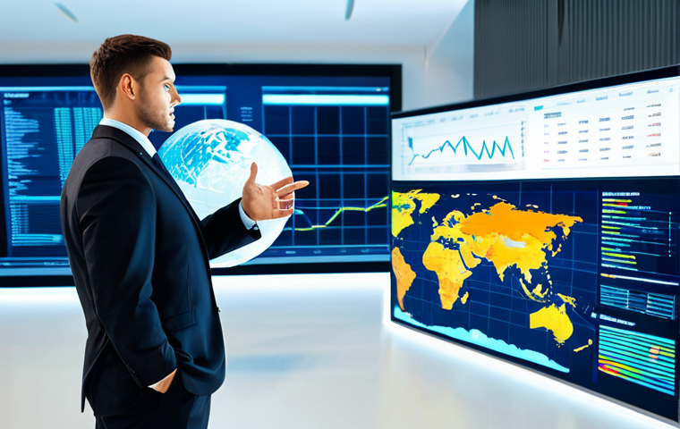 A professional individual, fully clothed in a modest business suit, stands in a sophisticated, modern financial office. They are looking forward, with one hand gesturing towards a large, illuminated holographic globe displaying global stock market trends and interconnected world economies. The background features a sleek, clean office environment with subtle, futuristic elements. The scene emphasizes innovation, global reach, and strategic vision. Perfect anatomy, correct proportions, natural pose, well-formed hands, proper finger count, natural body proportions. Professional photography, high quality, safe for work, appropriate content, fully clothed, professional.
